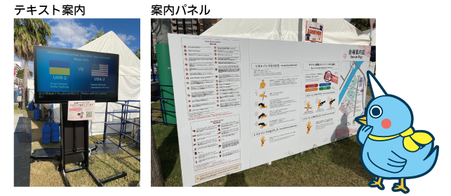 左：モニターでのテキスト案内の写真 右：案内パネルの写真とパネルを眺めるユニバードさんのイラスト